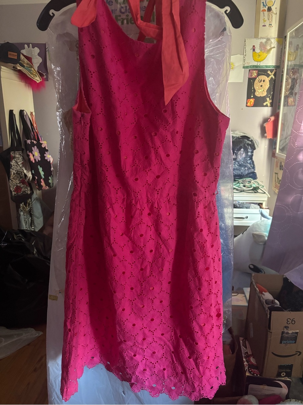 Garnet Hill Sleeveless Eyelet A-Line Dress in Hot Pink with Tie Neck